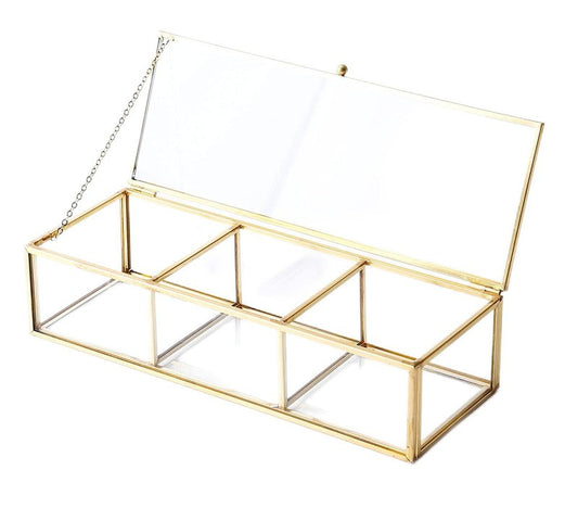 Utopz Vintage Golden Glass Lidded Box Clear Glass & Brass Metal Storage Jewelry and Cosmetic Makeup Organizer with Lid Beauty Display, Rectangle with 3 Compartment
