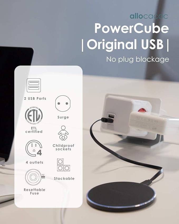 USB Wall Plug, Allocacoc PowerCube Original 4 Outlets 2 USB Ports Phone Charger Power Adapter Surge Protector Compact for Travel, Home Office Dorm Space Saving, 125V 15A 1875Watt ETL Certified Blue