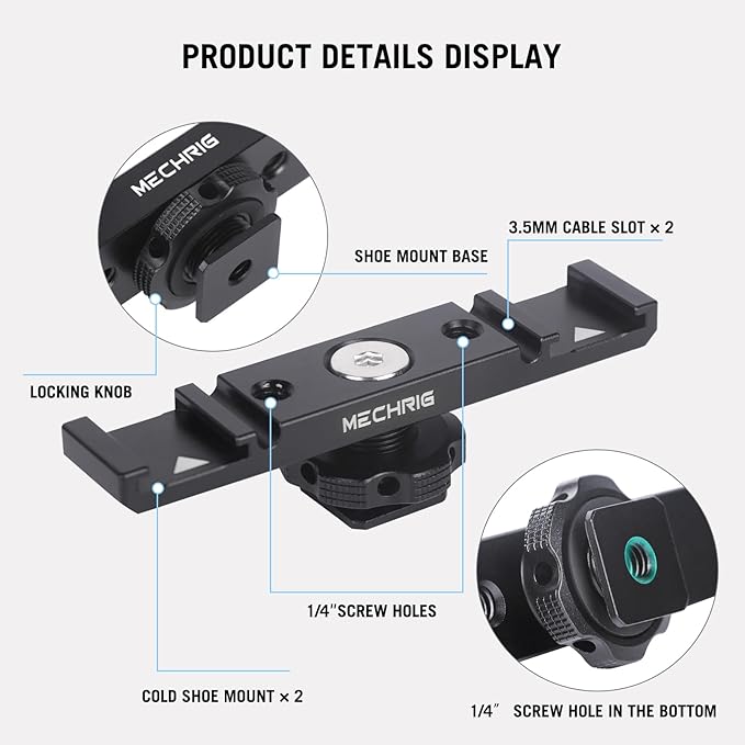 Mechrig Dual Cold Shoe Extension Bar Mount, Aluminum Dual Hot Shoe Mount Bracket with 1/4" Thread & Cable Slot, Cold Shoe Bracket for DSLR Camera LED Video Light Microphone Monitor (62034)