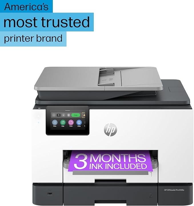HP OfficeJet Pro 9135e Wireless All-in-One Color Inkjet Printer, Print, scan, Copy, fax, ADF, Duplex Printing Best-for-Office, 3 Month Instant Ink Trial Included, AI-Enabled (404M0A)