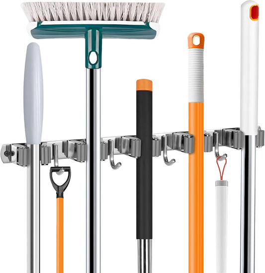 UNIFUN Broom Holder Wall Mount - Heavy Duty Stainless Steel Organizer with 5 Racks & 4 Hooks | Grey