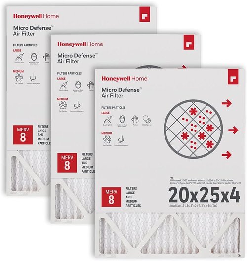 Honeywell Home AC Furnace Air Filter - MERV 8, 20x25x4 Size, 3-Pack | Actual Dimensions: 19.94 x 24.87 x 4.38 in.