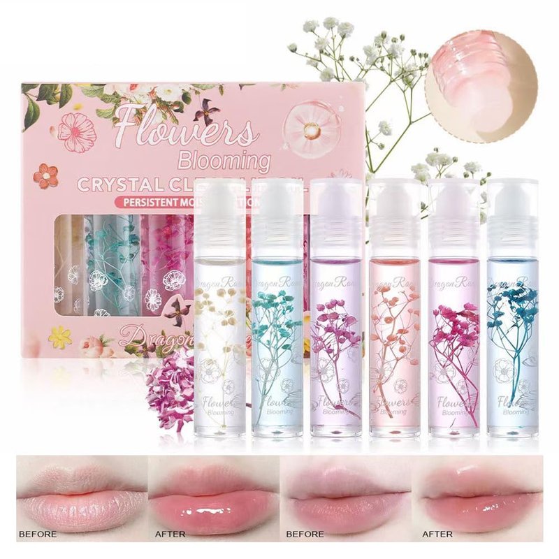 Petansy Flower Jelly Lip Oil Set 6 Packs Moisturizer Long Lasting Roll On Lip Gloss Set with Real Flowers Glossy Lip Make-up for Dry and Chapped Lips