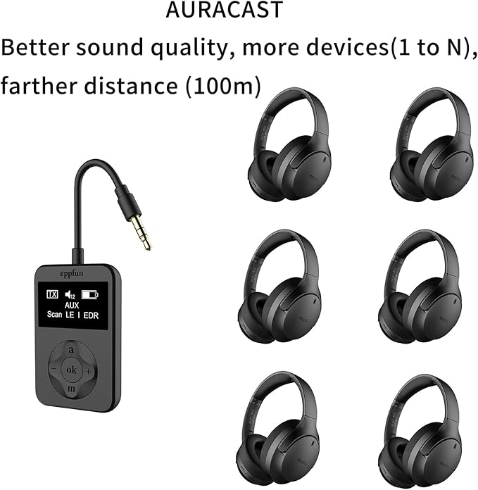 eppfun LE Audio Bluetooth Auracast Transmitter, LC3, AptX Lossless, AptX HD, USBC/3.5mm Aux Inputs, Bluetooth 5.4, Qualcomm Chip, for TV, PC,Airplane,Phones,Party,Church.