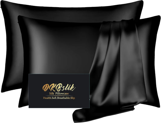 Mulberry Silk Pillowcases by Skiennix - Smooth, Anti-Acne Standard Set of 2 | Black with Zipper