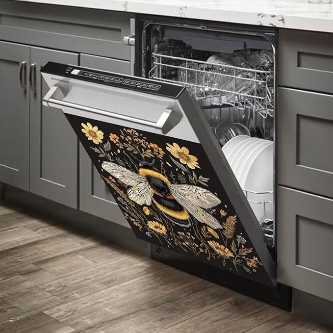 Flower and Bee Wallpaper Dishwasher Magnet Cover Sticekr - Kitchen Decorative Fridge Panel Decal - Kitchen Appliances Decorate Sticker - 23W x 17H inchs