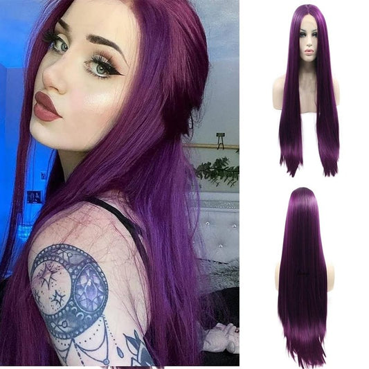 xiweiya Purple Lace Front Wig Long Silky Straight Piano Purple Synthetic Lace Front Wig Natural Hairline Heat Resistant Fiber Wig for Women 24inch Wig 150% Density Hair Wigs