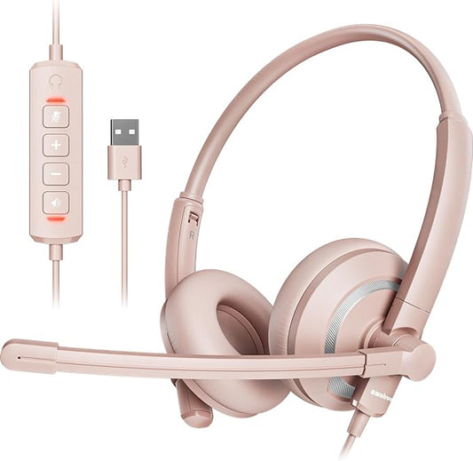 awatrue Computer USB Headset with Microphone for PC Laptop - WiredHeadphones with in-Line Control, Lightweight, Enhanced Sound & MIC Mute(Pink)