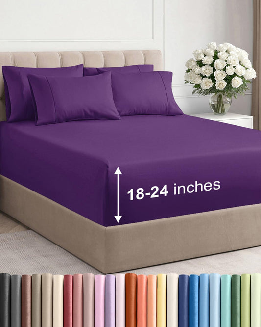 Skiennix Extra Deep King Sheet Set | 6-Piece Breathable Cooling Bedding - Soft, Wrinkle-Free Purple