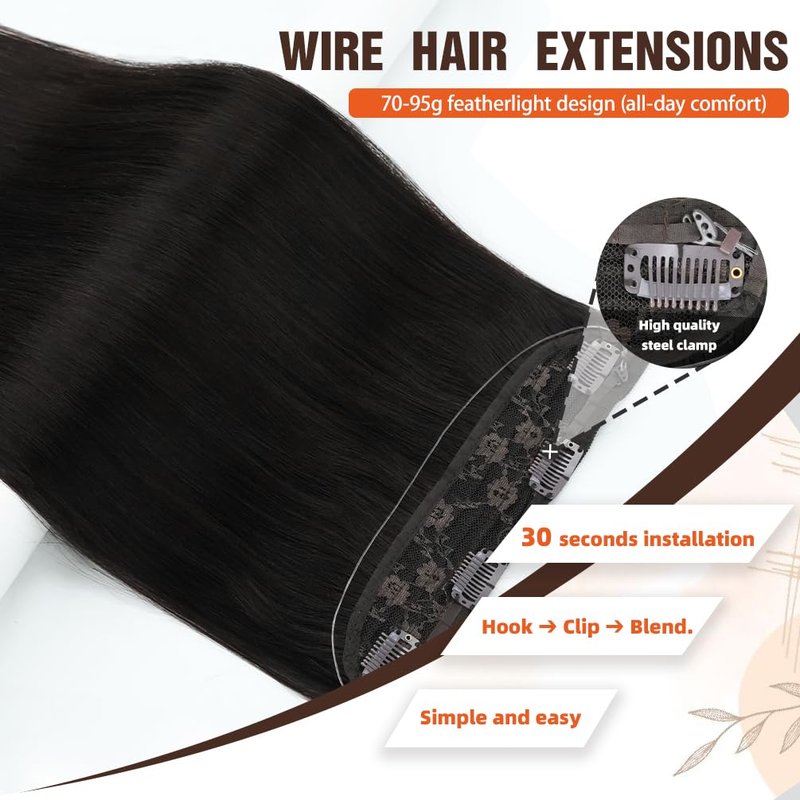 Invisible Wire Hair Extensions Real Human Hair - 14 Inch 70G Chestnut Brown Transparent Fish Line Clip-Ins Hair Piece, 100% Remy Human Hair Extensions for Women