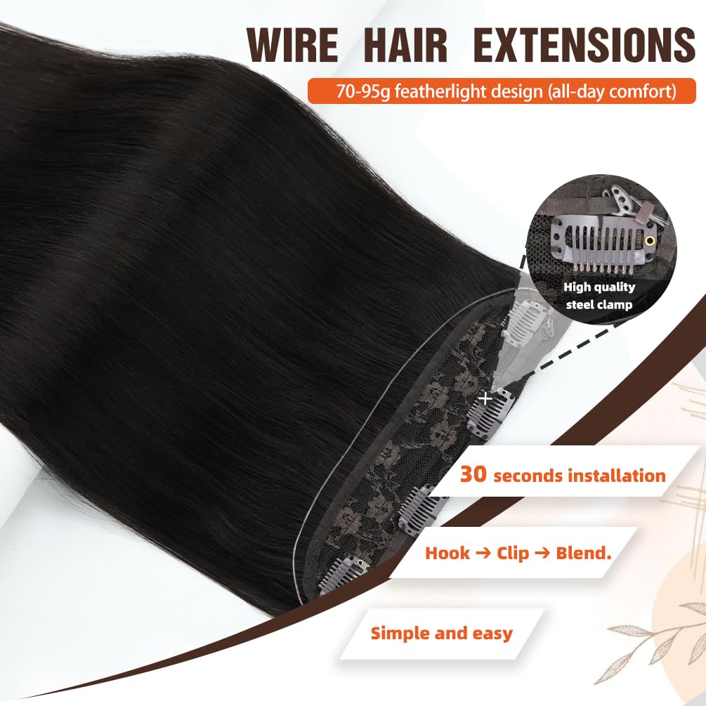 Invisible Wire Hair Extensions Real Human Hair - 12 Inch 70G Ash brown Transparent Fish Line Clip-Ins Hair Piece, 100% Remy Human Hair Extensions for Women