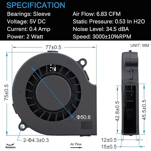 GDSTIME 75mm USB Blower Fan with 3 Speeds Control, 7515 5V DC Brushless Turbine Turbo Cooling Fan for Helmet Laptop 3D Printer Ventilaiton