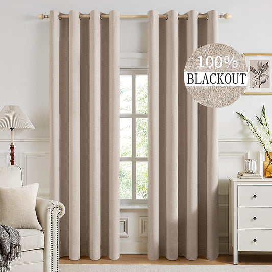 MIULEE 100% Blackout Textured Curtains - Thermal Insulated Room Darkening Drapes | Natural Beige, 52 x 94 Inch (2 Panels)