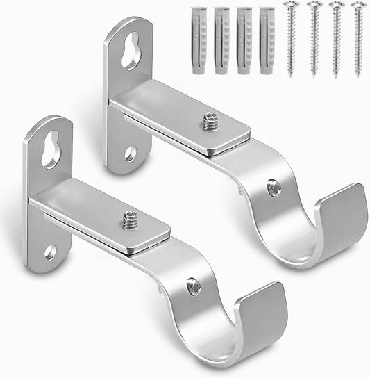 Skiennix Adjustable Curtain Rod Brackets - Durable Metal Drapery Hanger Holders for 1-Inch Rods | Satin Silver, Set of 2