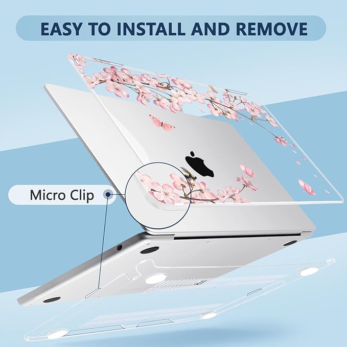 MecBevia Compatible with 2026 M5 MacBook Air 15 inch Case, 2026 2025-2023 M5 A3448 M4 A3241 M3 A3114 M2 A2941, Keyboard Cover, Screen Protector, Webcam Cover & Type-C OTG, Butterflies Sakura