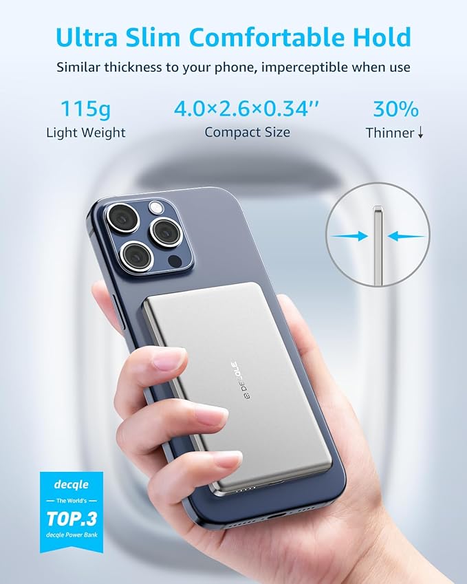 decqle “Air” Power Bank for MagSafe 5000mAh, Ultra Slim Magnetic Wireless Portable Battery Charger Case with USB-C Cable, Compatible with iPhone 17/16/15/14/13/12 Series Only (Sliver) USA1