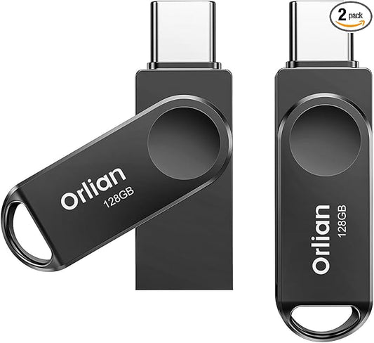Orlian 2PCS 128GB USB C Flash Drive for Phone, Dual USB 3.0 Phone Thumb Drive Type-C & USB-A, up to 110MB/S Metal Waterproof Swivel Memory Stick for iPhone 15/16/17, Android, Tablet, Computer PC