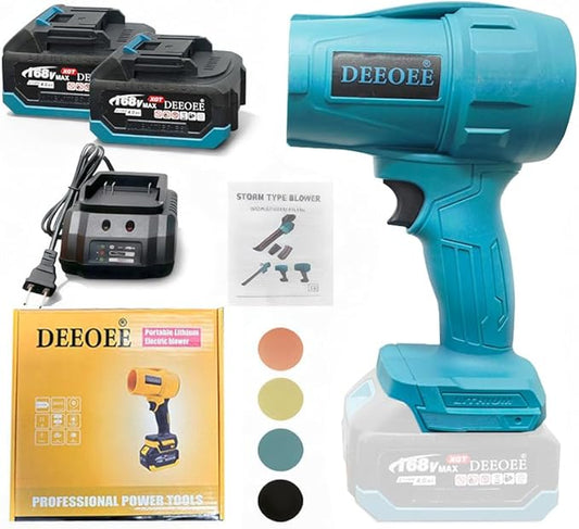 Cordless Electric Blower, Portable Storm Type Leaf Blower with 2 Batteries and Charger, Turquoise Blue, Professional Power Tool for Garden Cleaning