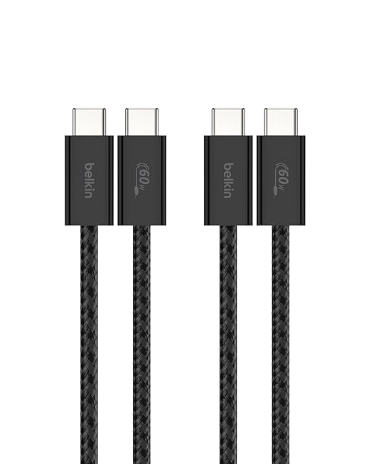 Belkin USB C to USB C Cable 2-Pack, 3.3ft, 60W - Type C Charger, iPhone Charger Cord, Soft, Braided, Flexible for iPhone 17, Galaxy S25, Pixel 10, Airpods, iPad Pro & More, Travel Essentials - Black