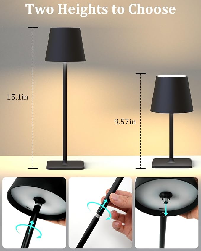 Fizrice Cordless Table Lamp Rechargeable Lamps: 6000mAh Battery Operated Table Lamp Outdoor Waterproof, Touch Control, Portable Wireless Desk Lamp for Dinner/Bedroom/Restaurant(Black 2 Pack)