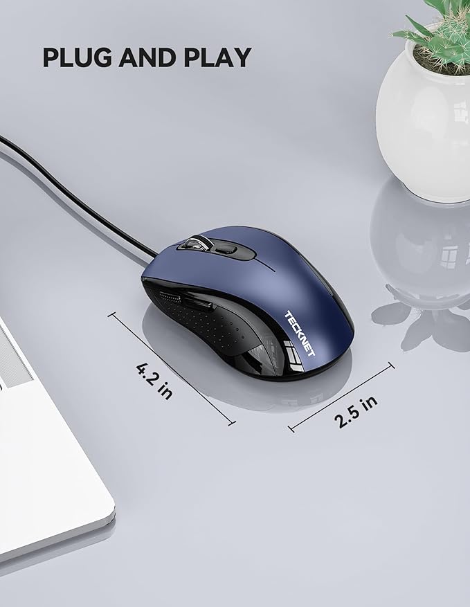 TECKNET USB Wired Mouse, 3600DPI Corded Computer Mouse with 4 Adjustable Levels, 6-Button 5FT Cord Ergonomic Mice, Home and Office Mice for Laptop PC Desktop Notebook - Blue