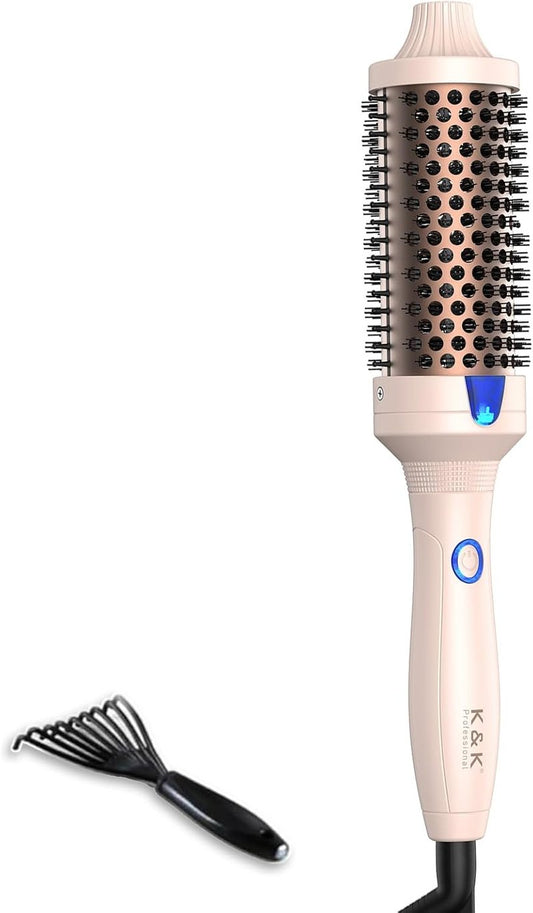 Heated Curling Iron - 1.77 Inch Volumizing Brush with Ceramic Tourmaline | Travel-Friendly Design in Pale Pink