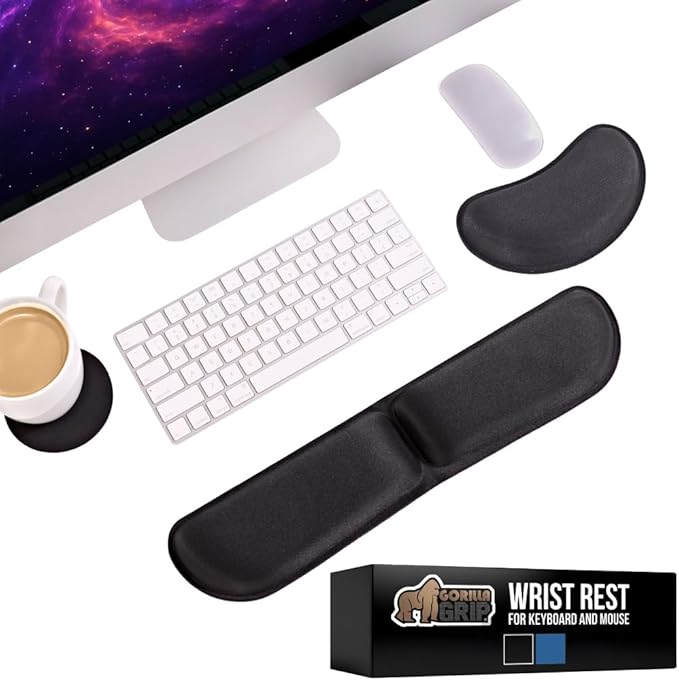 GORILLA GRIP Silky Memory Foam Keyboard Wrist Rest for Computer and Mouse, Ergonomic Typing Support Pad, Desk Office Supplies, Gaming Accessories, Hand & Arm Mousepad Cushion and Coaster Set, Black