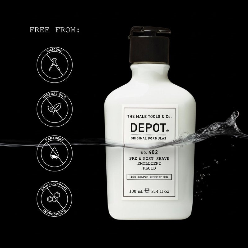 DEPOT No. 402 Pre & Post Shave Emollient |Shaving Lotion for Men Soothes, Softens & Protects | With Olive Oil, Almond Oil, Eucalyptus & Mint | For All Skin & Beard Types | 3.3 fl.oz.