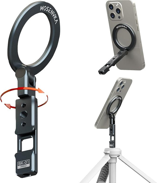 MOSENVKA Magnetic Phone Tripod Mount With 1/4" Hole&Cold Shoe,Foldable Travel Phone Stand Smartphone Tripod Adapter for iPhone Cell Phone Stand Holder for Desktop Video Live Streaming Vlogging Filming