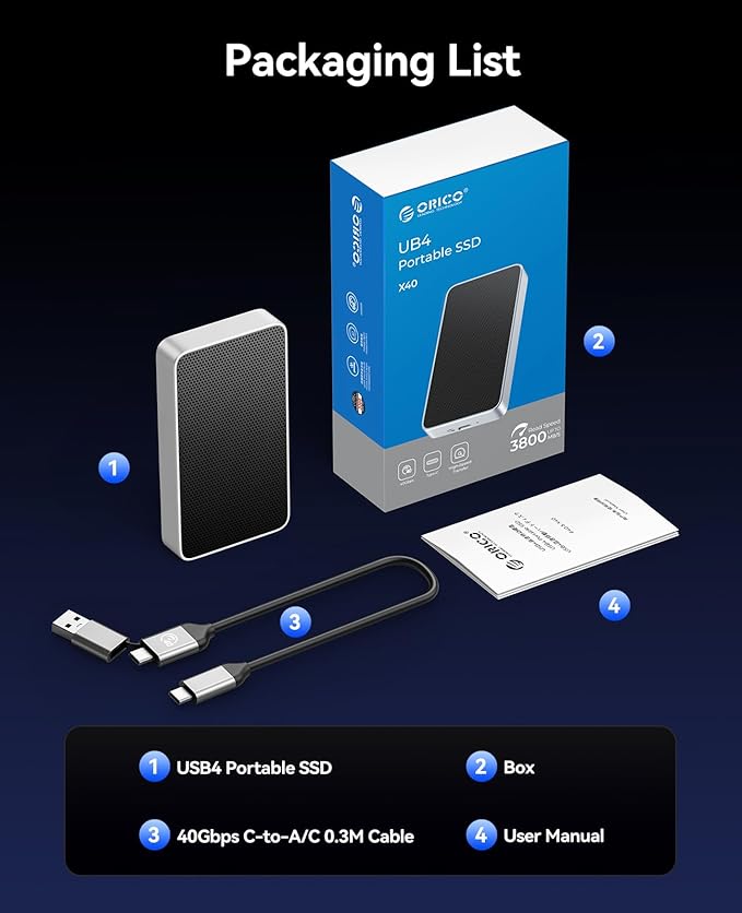 ORICO 4TB USB4.0 Portable SSD 3800MB/s(40Gbps), Ultra-Fast External Solid State Drive, Compatible with Thunderbolt 3/4, USB4, Fanless Aluminum Design, Works with Mac and PC-X40