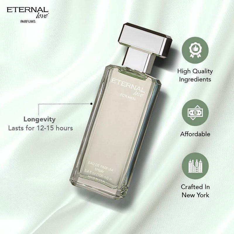 Eternal Love for Men - Long Lasting Eau de Parfum Spray - Premium Clean Fragrance with Amber & Cedarwood - Fresh Sophisticated Scent - 3.4oz