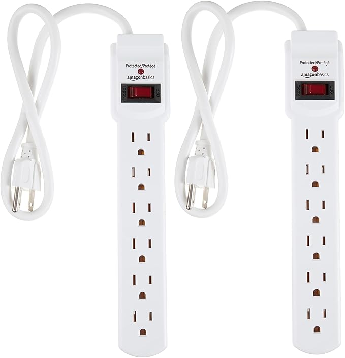 Amazon Basics Surge Protector Power Strip, 6-Outlet with 200J Protection, Circuit Breaker, LED Indicator, On/Off Switch, Wall-Mounting, 2ft Extension Cord, White, 2-Pack