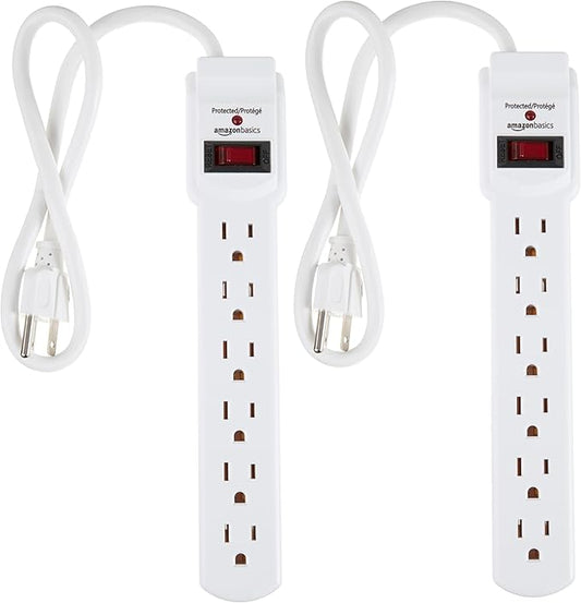 Amazon Basics Surge Protector Power Strip, 6-Outlet with 200J Protection, Circuit Breaker, LED Indicator, On/Off Switch, Wall-Mounting, 2ft Extension Cord, White, 2-Pack