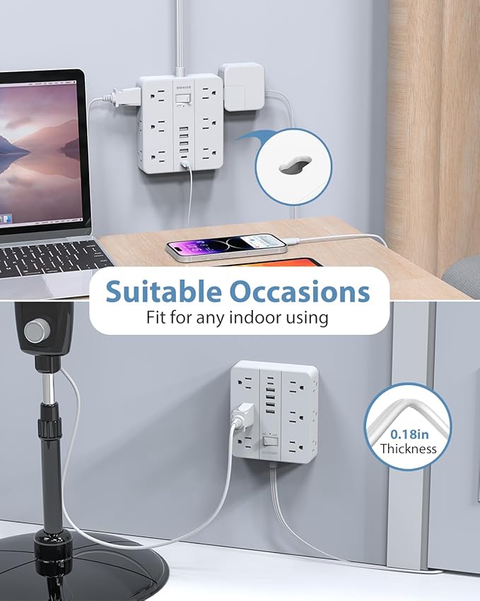 Power Strip 10ft Extension Cord,SMNICE Flat Plug with 12 Outlets 6 USB(2 USB C),Power Strip Charging Station with Overload Protection for Home, Dorm,Office