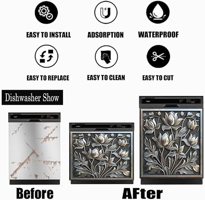 Dishwasher Magnet Cover Stainless Steel Look Flower Dishwasher Front Panel Decorative, Magnetic Appliance Cover Kitchen Decor Home Refrigerator Magnets Sticker 23" W x 17" H