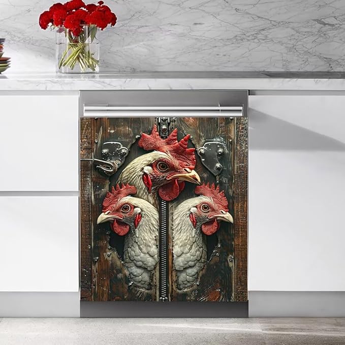 Wood Board and Rooster Painting Dishwasher Magnet Cover,Fridge,Refrigerator Magnetic Panel Decals,Home Appliances Cabinet Magnets Sticker 23W x 26H inchs