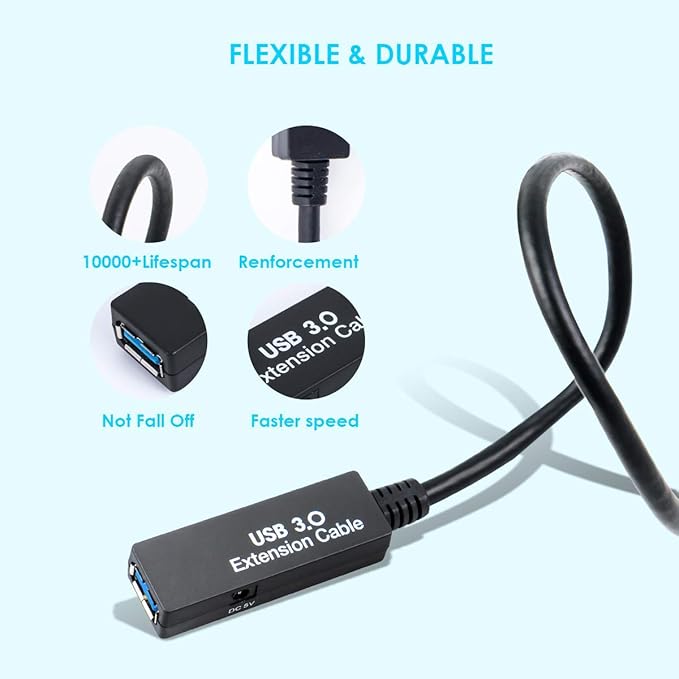 75FT USB 3.0 Active Extension Cable, Long USB Extension Cord A-Male to A-Female, With High-Speed Data Signal Amplifier, Compatible With Quest 3.VR,Rift.360 Kinect. Xbox,Webcam.PS4 HD Camera or More