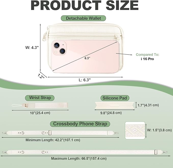 YFWE Clip and Go Strap for Phone with Wallet Crossbody, Adjustable Phone Lanyard with Detachable RFID Wristlet Wallet, Pattern Strap, Cream (M)