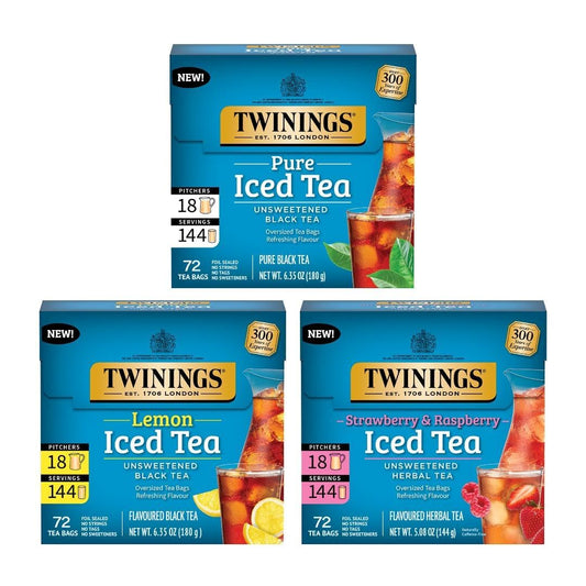 Twinings Iced Tea Variety Pack - 3 Flavors (Black, Lemon Black, Strawberry & Raspberry) | 72 Count, Unsweetened, Caffeinated