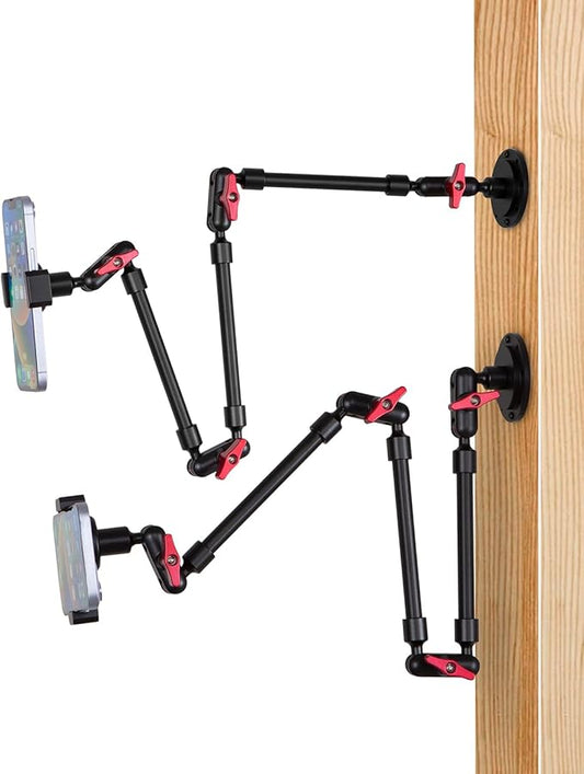 Wall Mounted Phone Holder Magic Arm 360° Rotation Adjustable Metal Base Screw in Wall Sturdy for Kitchen Bedroom Home 32 Inch Metal Phone Clip