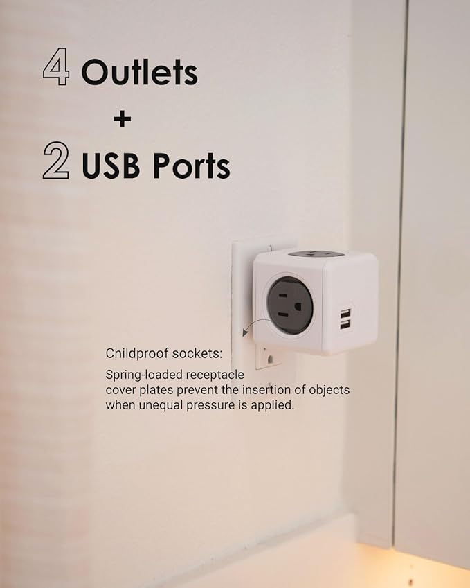 USB Wall Plug, Allocacoc PowerCube Original 4 Outlets 2 USB Ports Phone Charger Power Adapter Surge Protector Compact for Travel, Home Office Dorm Space Saving, 125V 15A 1875Watt ETL Certified Blue