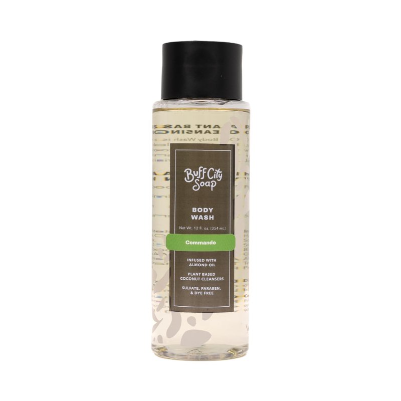 Buff City Soap Plant-Based Body Wash - Gentle Cleansing Body Wash, Coconut Cleansers Infused with Almond Oil, Dermatologist Tested, Rich Lather, Non-Drying for Women and Men - Commando, 12 fl oz