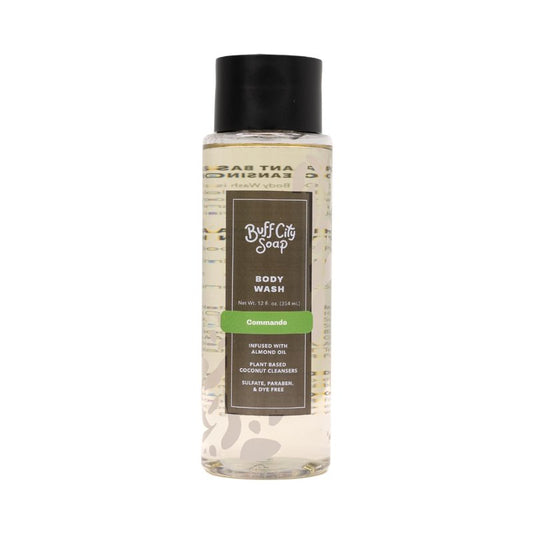 Buff City Soap Plant-Based Body Wash - Gentle Cleansing Body Wash, Coconut Cleansers Infused with Almond Oil, Dermatologist Tested, Rich Lather, Non-Drying for Women and Men - Commando, 12 fl oz