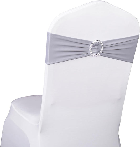 Skiennix 50 Pack Spandex Chair Sashes - Silver Grey with Slider Buckles for Weddings & Events