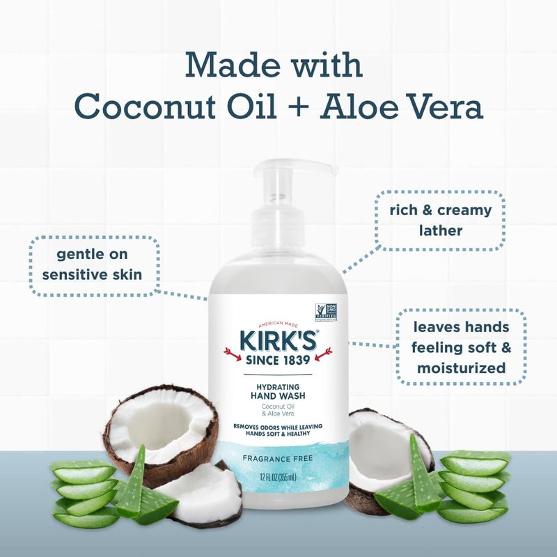 Kirk's Hydrating Hand Wash - Made with Coconut Oil and Aloe Vera, With Odor Neutralizing Technology To Help Eliminate Odors, Non-GMO, Vegan, Fragrance Free, 12 Fl Oz. 4 pack