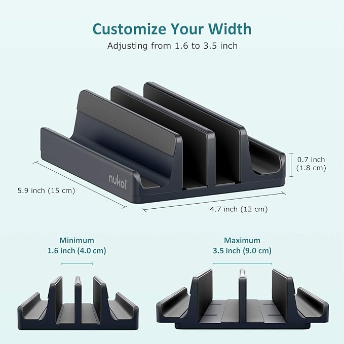 Nukoi Vertical Laptop Stand - SPACEMax Adjustable GRIPLock Anti-Tip Silicone 4 Slots Aluminum Desktop Holder - Double Dock Stand - 2 Phone Slots Fits Up to 17.3” Laptops, Tablets, Phones - Gray