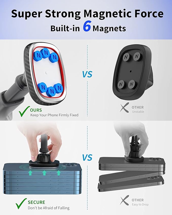APPS2Car Magnetic Phone Mount, Dashboard Windshield Suction Cup Car Phone Holder Phone Mount with 6 Strong Magnets, Adjustable Telescopic Arm, Compatible with iPhone/Air/Pro/Max/All Smart Phones