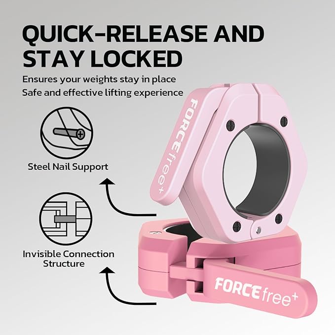 Forcefree+ Barbell Clips (Pair), Barbell Clamps, Quick Release Olympic Barbell Clamps with Anti Slip TPR Grip, Barbell Collars for Secure Weightlifting & Powerlifting (Non Magnetic, Pink)