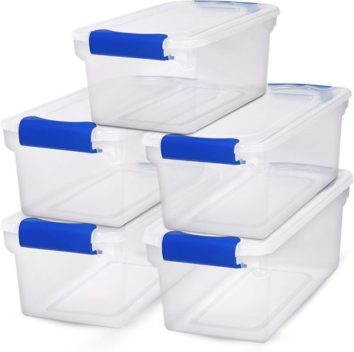 HOMZ Clear Plastic Storage Bins - 5-Pack Latching Lid Organizers, 7.5 Quart, Blue Latch | Stackable for Home & Office