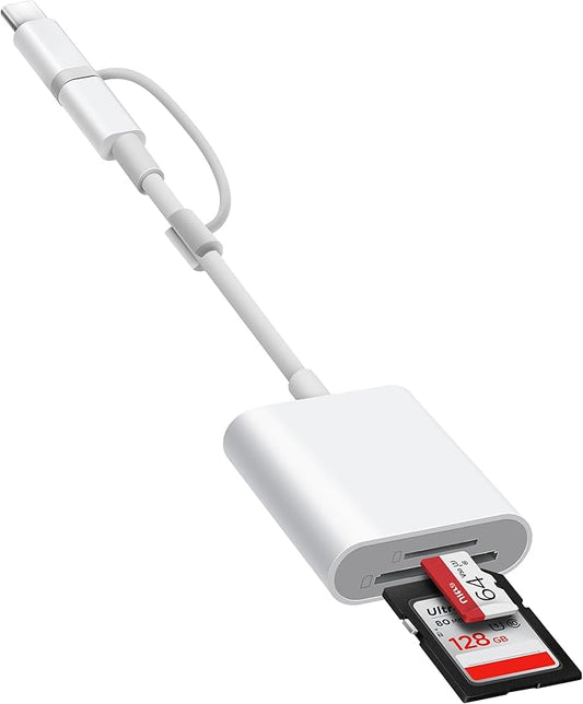 BnmxTek SD Card Reader for iPhone, SD Card Adapter with Lightening & USBC Dual-Connector for iPhone 5-14, USB-C iPhone 15, iPad, Mac or MacBook, Supports SD MicroSD Trail Camera Viewer, Plug and Play